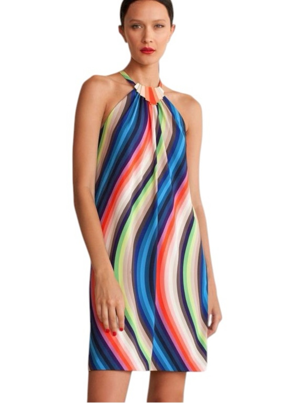 Trina Turk Rainbow Striped Print Embellished Halter Neck Mini Dress - M